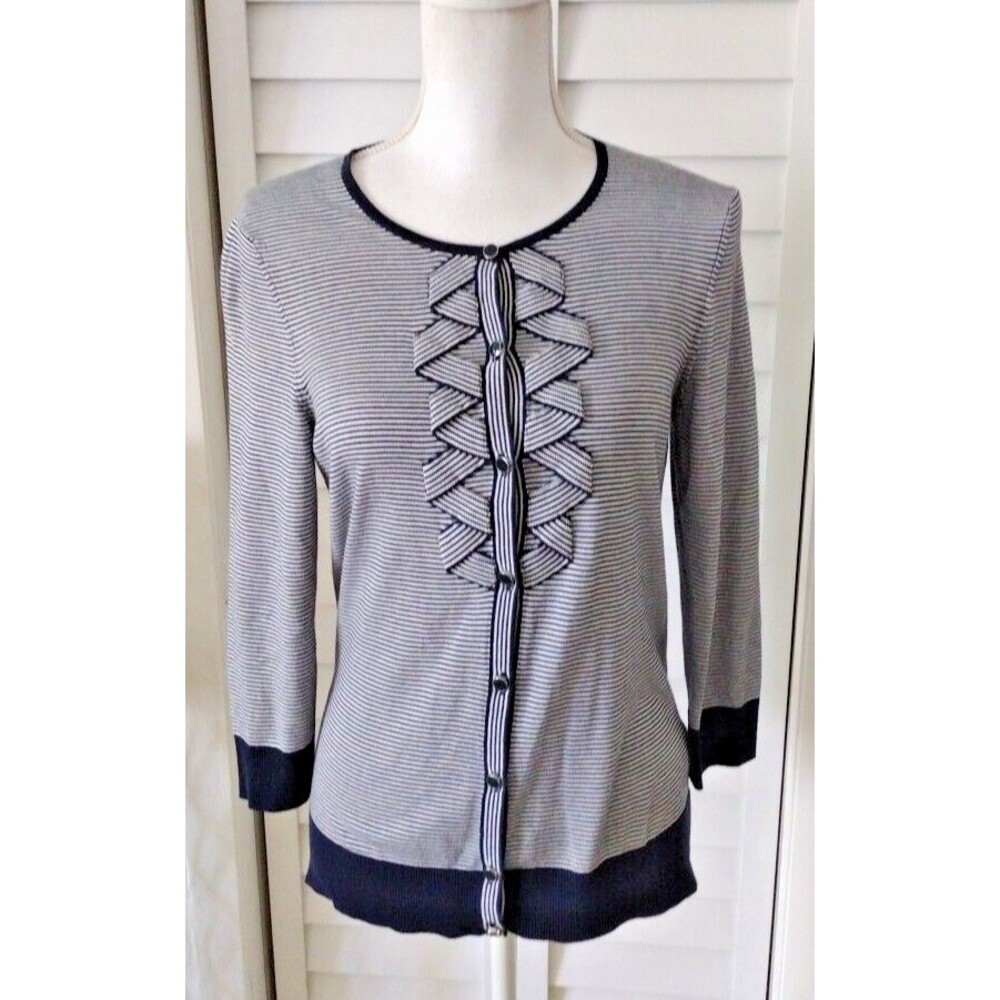 Talbots Blue White Striped Ruffle Front Cardigan Cotton Rayon Blend Women's Sz S